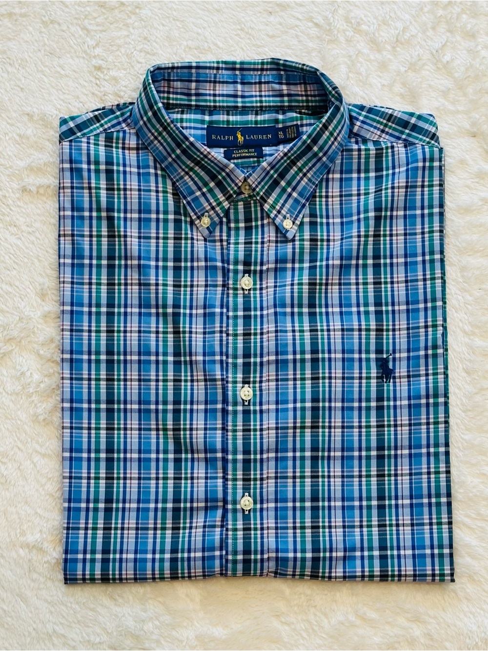 Polo Ralph Lauren Performance Shirt Mens XL Long Sleeve Plaid Blue Green 25x31
